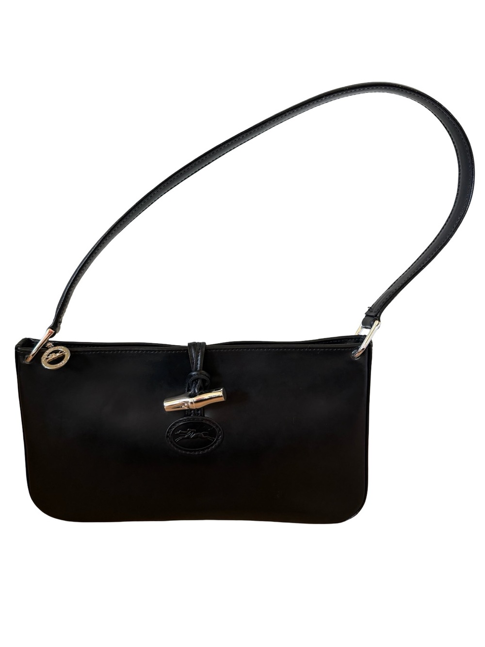 Longchamp Leather Black Leather Shoulder Bag with Toggle Accent